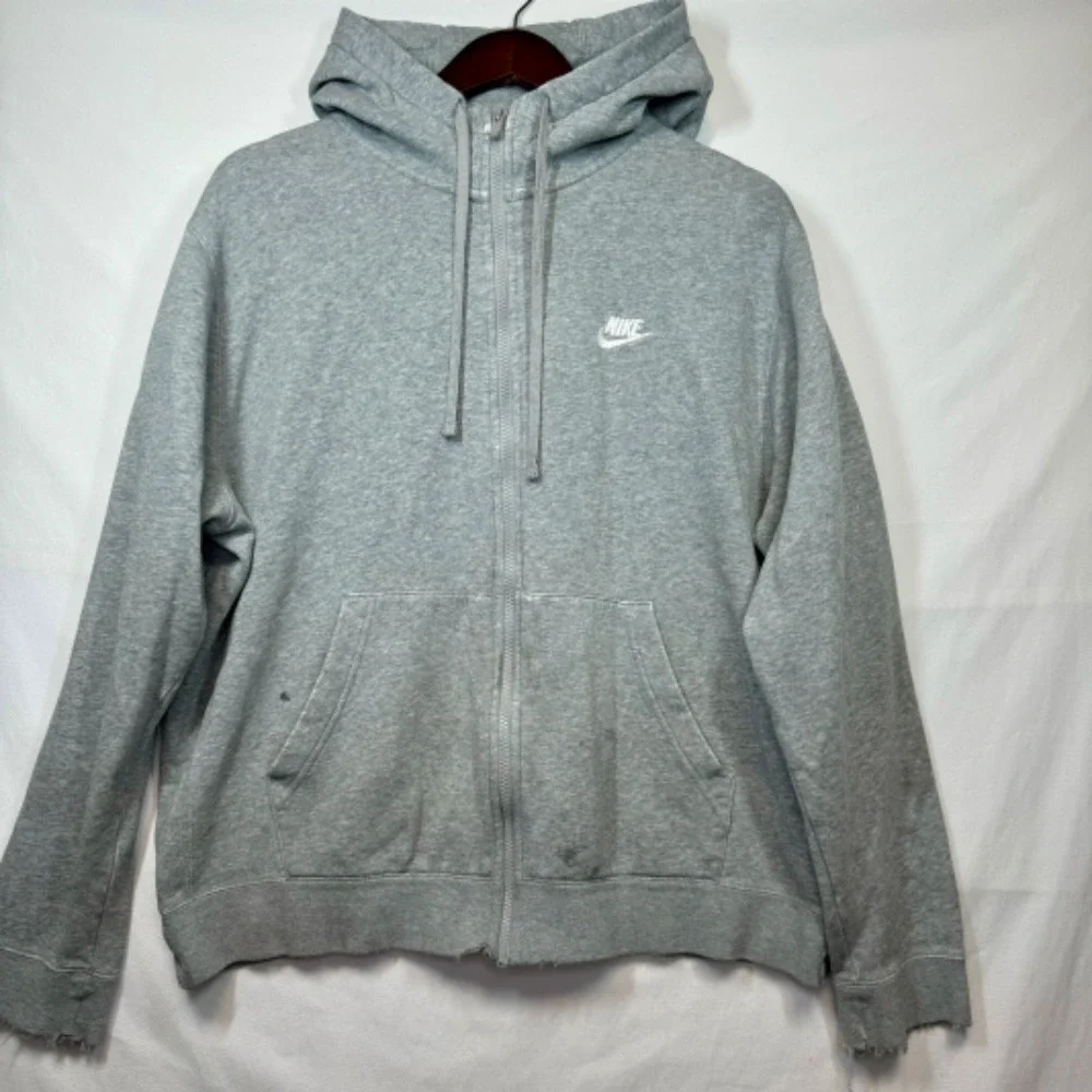 Nike Full Zip Hoodie Sweatshirt Everyday Casual Comfy Gray Diatressed Sz Large